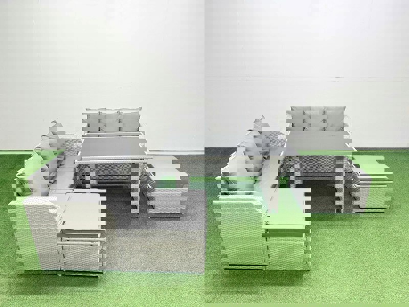 Fimous 8 Seater Rattan Outdoor Dining Table 3 Seater Sofa Set with 2 Big Stools Light Grey