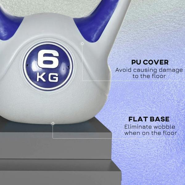 6 kg kettlebell grey body with flat base and purple handle, close-up angle