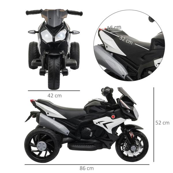 Kids three-wheel electric ride-on motorcycle, black with white panels, with size markings