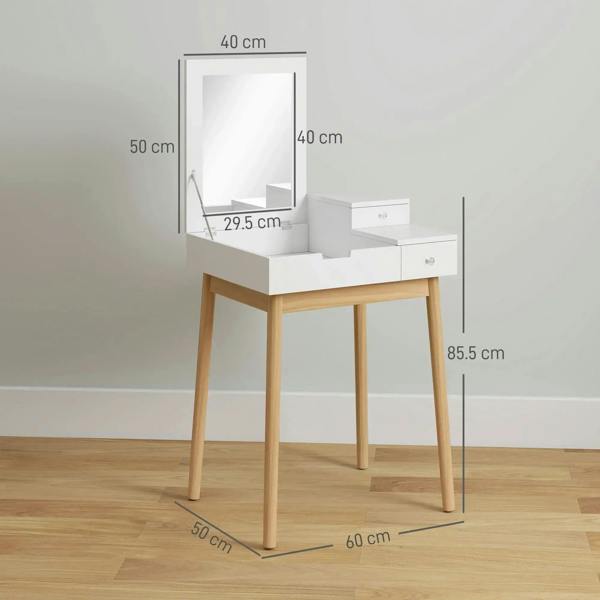 White vanity table dimensions view, flip-up mirror with two drawers and pine wood legs