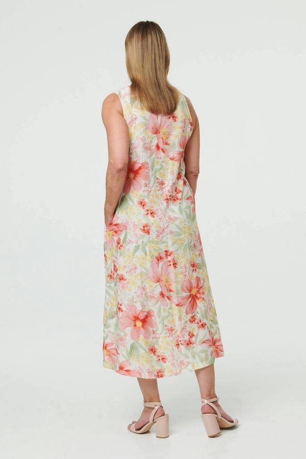 White | Floral Sleeveless Midi Shift Dress