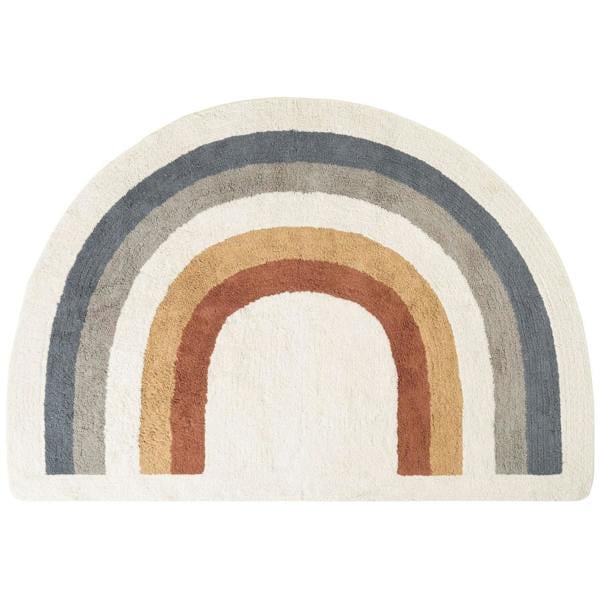 Half-circle rug with rainbow pattern on a white background