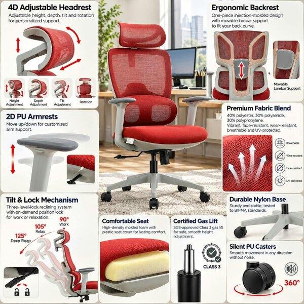 HOMEWEDO  Ergonomic Office Chair with 4D Headrest, Movable Lumbar Support