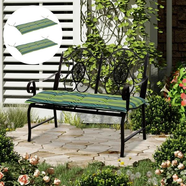 Set of 2 swing chair cushions with green and teal striped fabric, tied corners