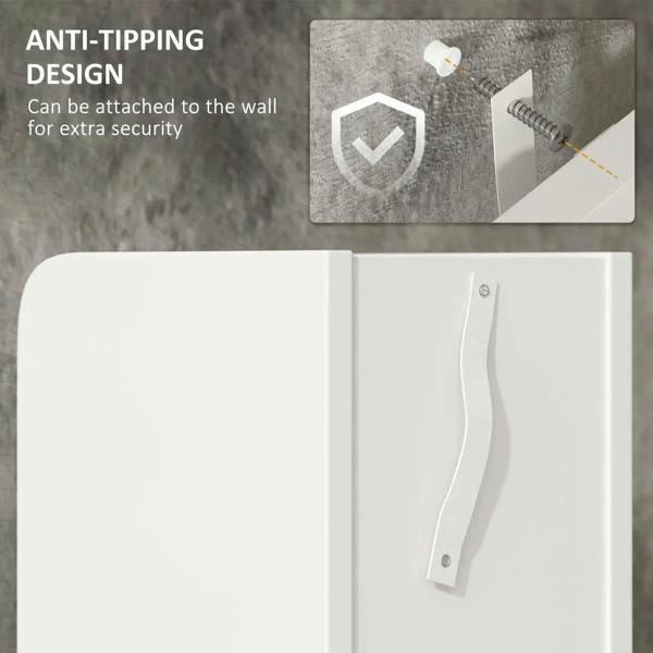 White cabinet with anti-tipping strap and recessed handle on the door