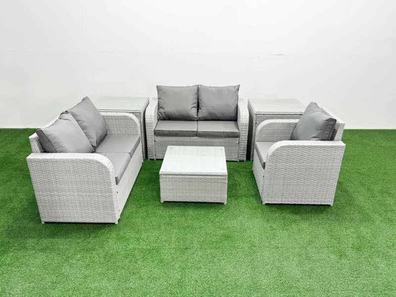 Fimous High Back Rattan Garden Furniture Set with Reclining Chair Loveseat Sofa Square Coffee Table Indoor Outdoor Patio  Set 2 Side Table Light Grey
