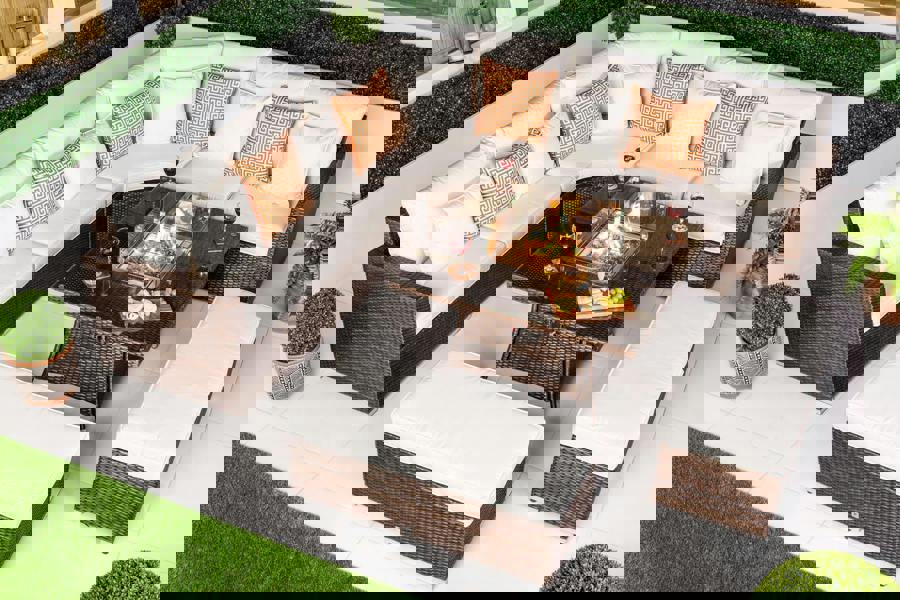 Giardino Santorini 5 Seat Modular Corner Sofa Rattan Garden Furniture Set Outdoor Fire Pit Coffee Table & 2 Benches