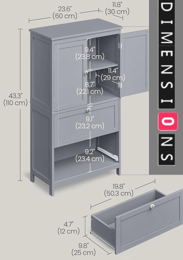Modcraft Grey Bathroom Storage Cabinet Kitchen Cupboard with 2 Drawers, 2 Doors & Adjustable Shelf