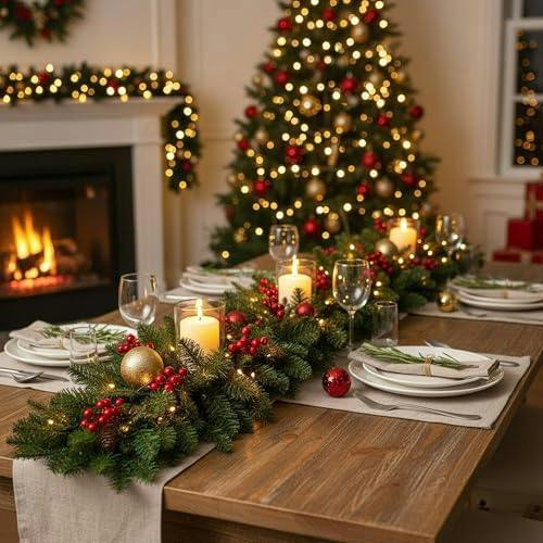 2m Green Pre-Lit Christmas Garland with PVC Foliage, Red Berries, Pine Cones and Warm LED Lights image 8