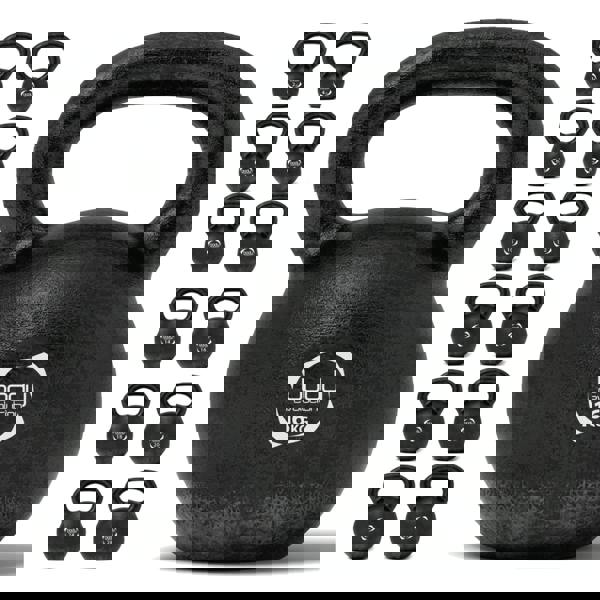 16 kg cast iron kettlebell with a textured black finish and sturdy handle, ideal for strength training and fitness workouts