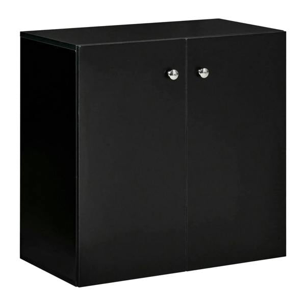 Black freestanding storage cabinet with two doors and flat top