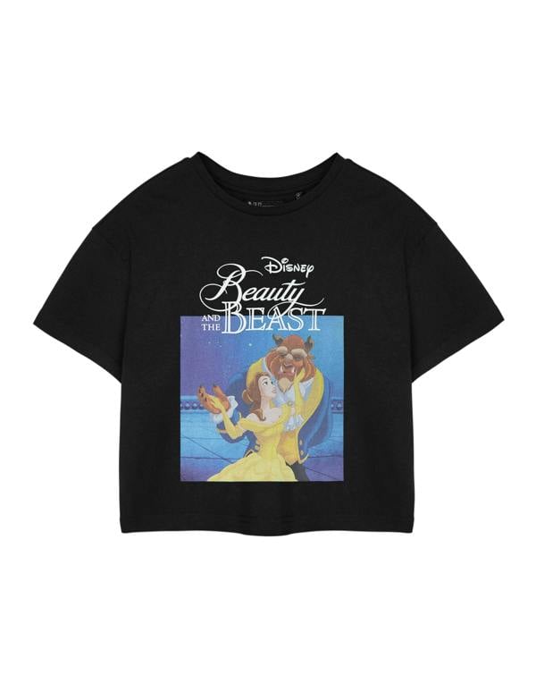 Disney Womens Black Beauty & The Beast Cropped Short Sleeved T-Shirt