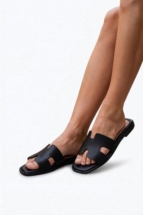 Aria Womens H-Strap Flat Slide Sandals - BLACK_wb