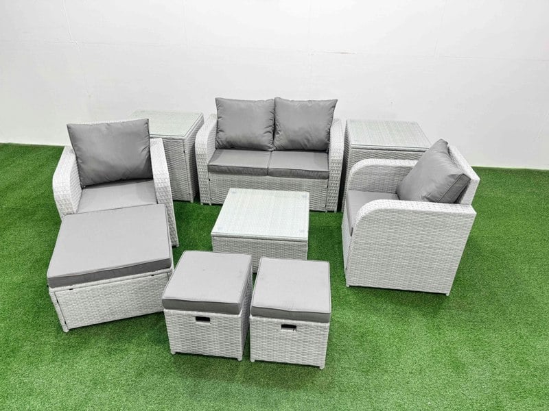 Fimous Light Grey PE Wicker Rattan Garden Furniture Set Sofa Set Reclining Adjustable Chair Square Coffee Table 7 Seater 3  Stools 3 Side Table