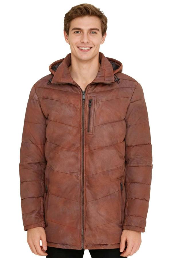 Infinity Leather Men's Leather Quilted Jacket Hooded Puffer Winter Coat - Olyic