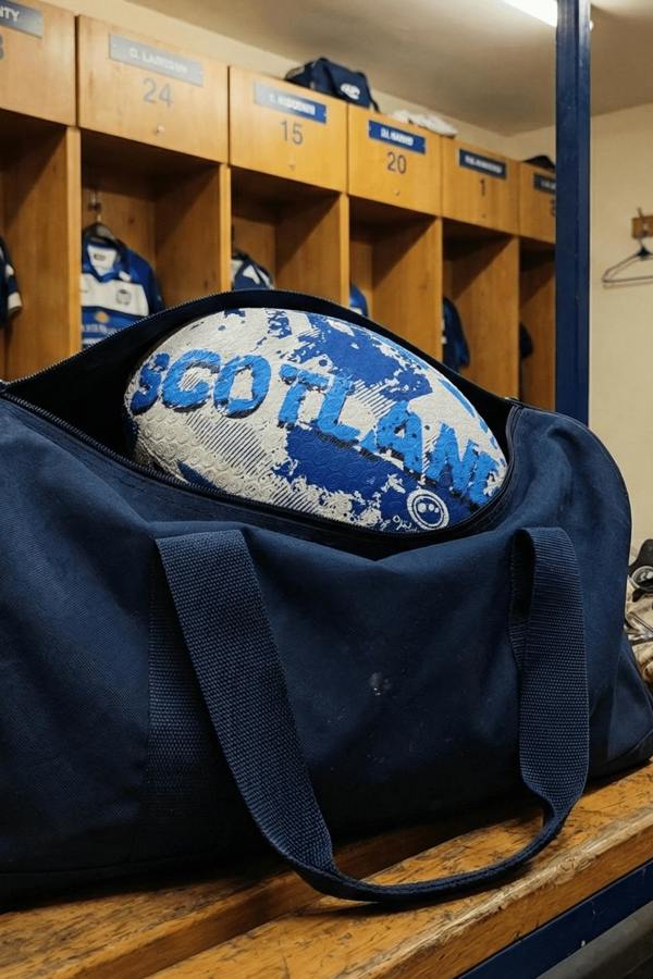 White and blue Optimum Scotland rugby ball in a navy kit bag on a changing-room bench - Optimum
