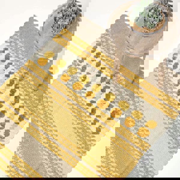 HOMESCAPES Modern Cotton Rug Grey Yellow Chenille Striped Hand Tufted Circles