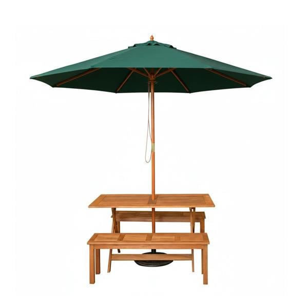 Samuel Alexander Outdoor 4 Person Rectangular Wooden Garden Dining Table, 2 Benches with Green Parasol and Base Set
