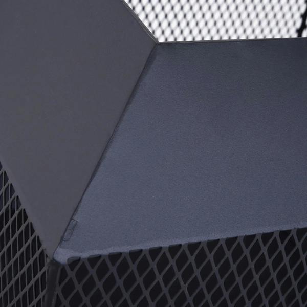 Close-up of black fire pit lid and mesh side connection