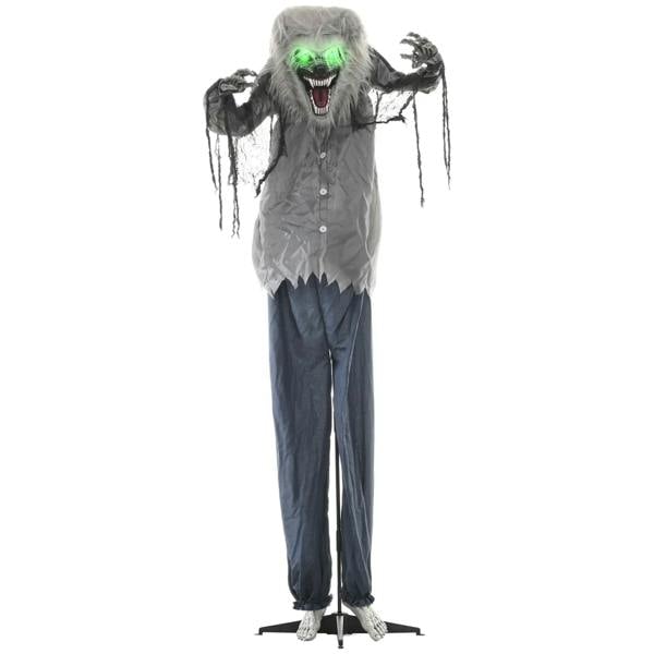 Grey skeleton werewolf Halloween animatronic with glowing green eyes and open mouth