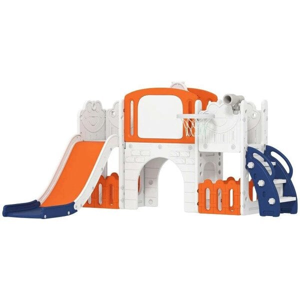 7 in 1 Toddler Slide Set with Basketball Hoop, Climbing Frame, Telescope, Drawing Board, Storage Box, Orange