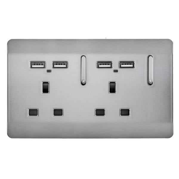 Trendi Switch 2 Gang 4 Port USB 2100mA Plug Socket in Brushed Steel
