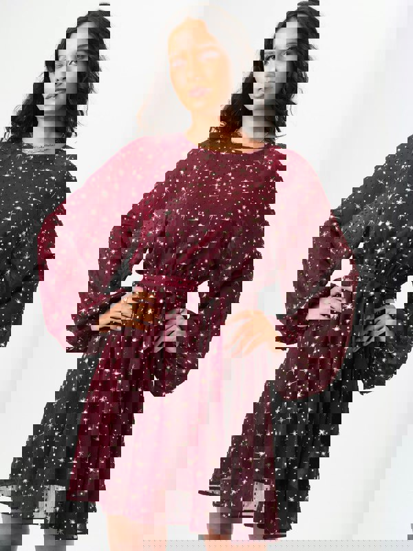 Gini London Burgundy Star Print Long Sleeve Mini Dress