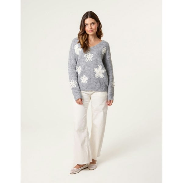 Blue Vanilla V Neck Flower And Pearl Jumper - Grey