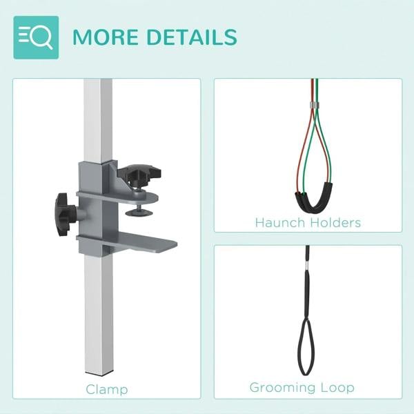 Pet grooming arm clamp and grooming-loop system with haunch holders shown