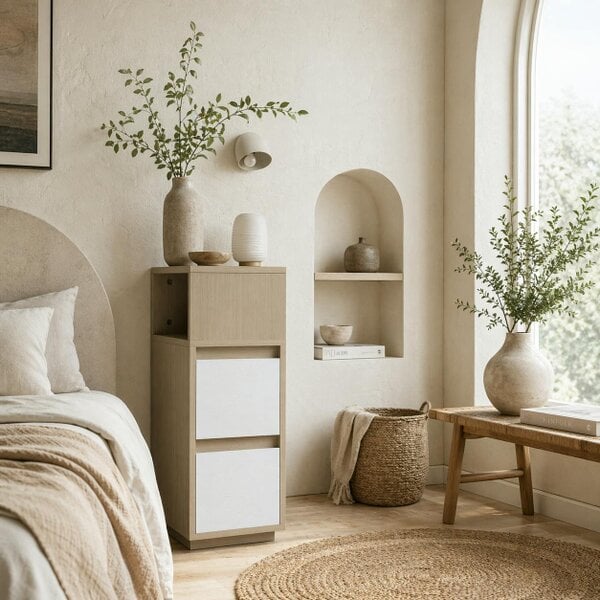 Wyld Haus Noyo Natural Wood Finish Slim Bedside Table With 2 Drawers And Open Shelf