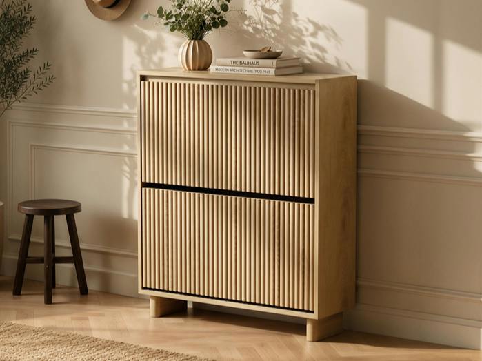 SOLACE+CO Velmor Slim Ribbed 2 Drawer Tilt Out Shoe Cabinet -Oak