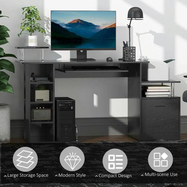 Black computer desk with open shelves, side cabinet drawers, and monitor stand space