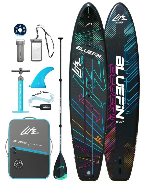 Inflatable paddleboard with colorful design, paddle, pump, fin, and accessories for water sports.