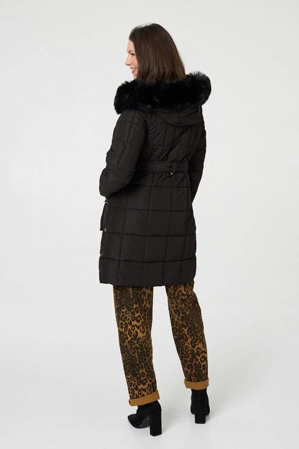 Black | Faux Fur Hood Textured Puffer Jacket
