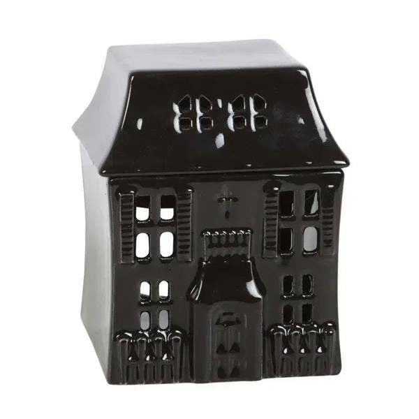 Black haunted house oil burner with detailed window and door cutouts