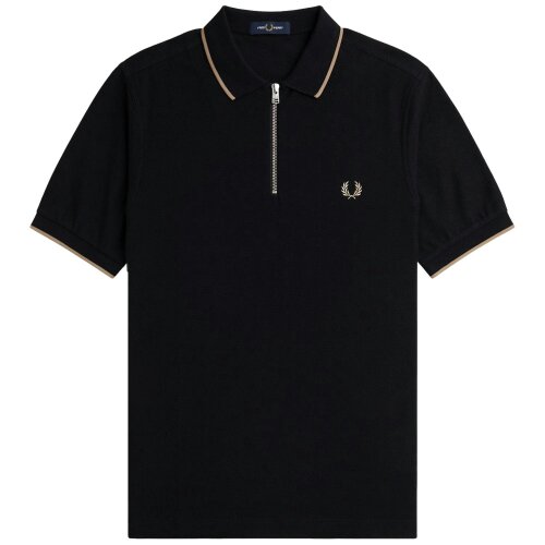 Fred Perry Crepe Pique Zip Neck Polo Shirt - Black