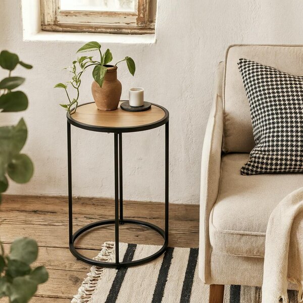 Wyld Haus El Paso Black Metal and Wild Oak Veneer Small Round Side Table
