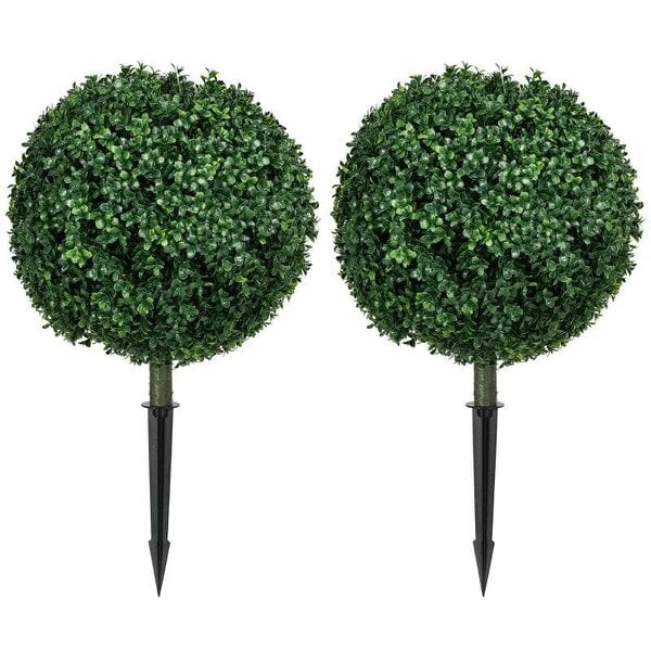 Artificial Boxwood Trees w/ Ground Stake, Set of 2 Ball Shaped Topiary Trees for Home Office & Living Room, UV Resistant