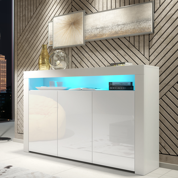 Mex Furniture 155cm Sideboard TV Stand Cupboard Cabinet – White High Gloss Doors with Free LED