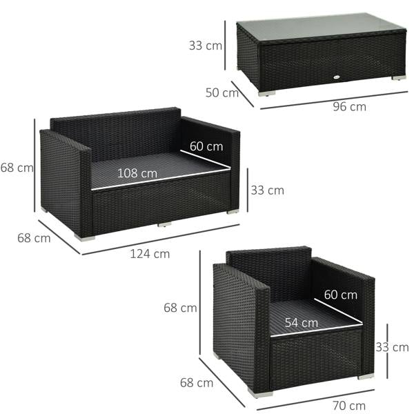 Wyld Haus Elrolo Rattan Black 4 Seater Outdoor Sofa Set With White Cushions and Rectangular Coffee Table Glass Top