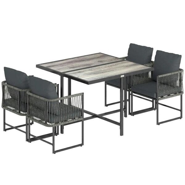 4-Seater Garden Dining Set, Rattan Outdoor Furniture with Space-Saving Chairs and Thick Cushions for Patio Balcony, Black