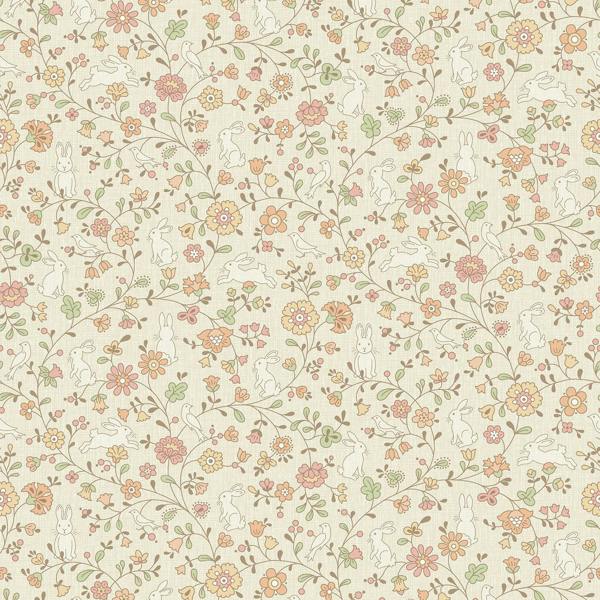 Grandeco Liberty Floral Bunny Trail Nursery Textured Wallpaper Natural Beige