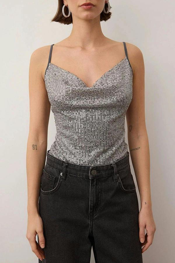 WOVCOR Sequin Knit Bodysuit with Cowl Neck Straps