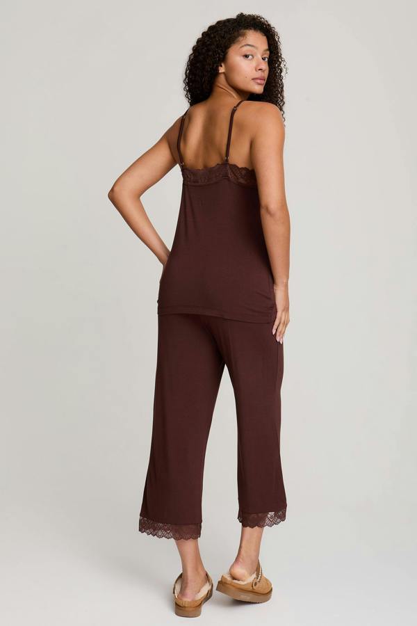 Bamboo Lace Cami Cropped Trouser Pyjama Set in Chocolate - Pajamas