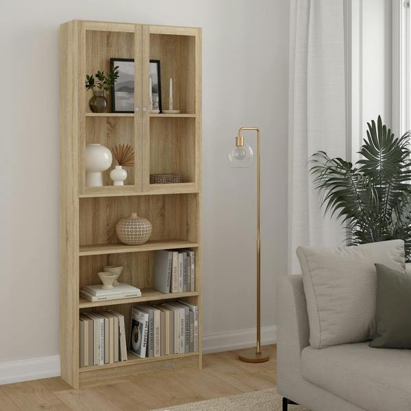 Furniture To Go Basic Tall Wide Display Cabinet in Oak (4 Shelves) with 2 Glass Oak Doors