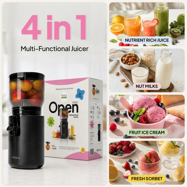 The Fridja f2800 Open Whole Fruit Juicer is displayed next to its box, highlighting its 4-in-1 functions: extracting nutrient-rich juice, making nut milks, fruit ice cream, and fresh sorbet, with images of each use shown.
