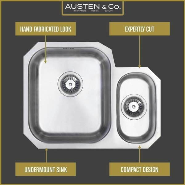 Austen & Co. Capri Stainless Steel Undermount 1.5 Bowl Kitchen Sink, Right Hand Main Bowl