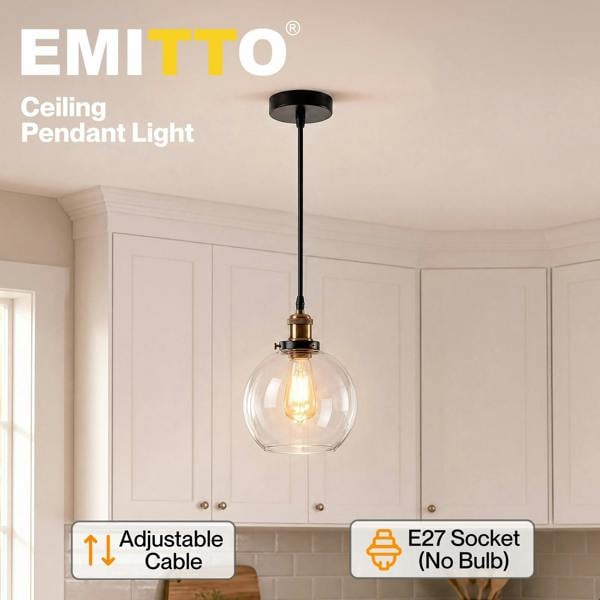 Emitto Ceiling Pendant Light Retro Industrial Glass LampShade Adjustable Cable