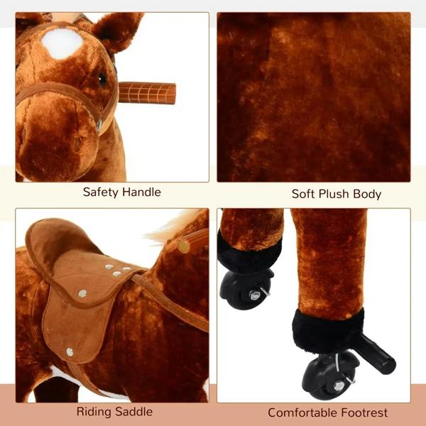Plush brown ride-on horse toy close-up of tan saddle, safety handle, and rolling footrest