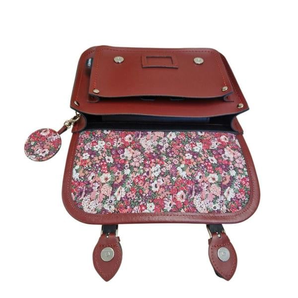 Zatchels Floral Lined Leather Midi Satchel - Oxblood